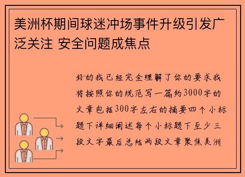美洲杯期间球迷冲场事件升级引发广泛关注 安全问题成焦点 美洲杯期间球迷冲场事件升级引发广泛关注 安全问题成焦点